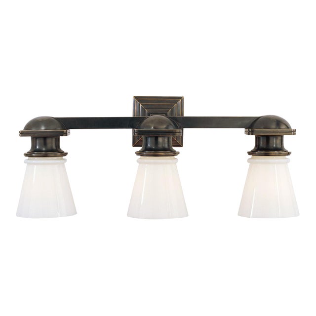 Chapman & Myers for Visual Comfort Signature New York Subway Triple Light in Bronze with White Glass For Sale