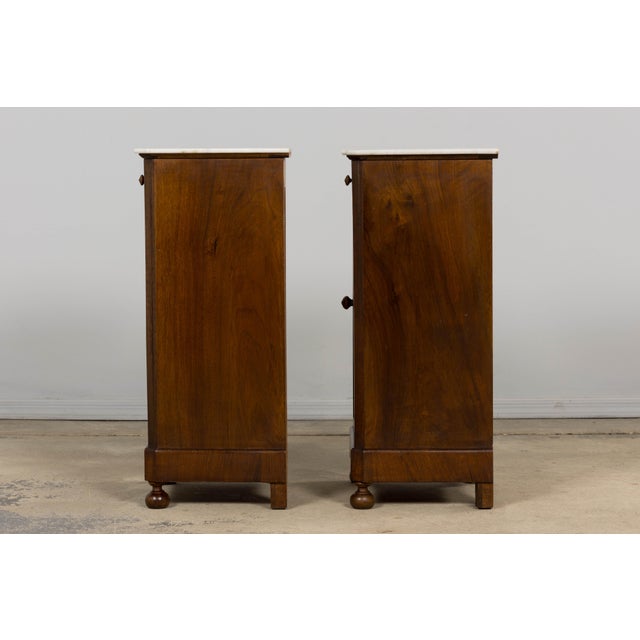 Antique French Louis Philippe Style Walnut Nightstands W/ Carrara Marble - A Pair For Sale - Image 17 of 18