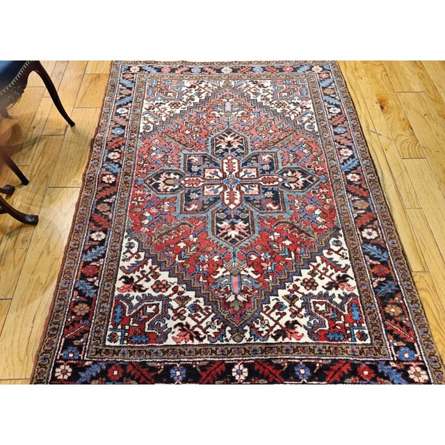 Vintage Heriz Area Rug, Handwoven Geometric Pattern, Red & Navy, 5’ X 7’ For Sale - Image 4 of 11