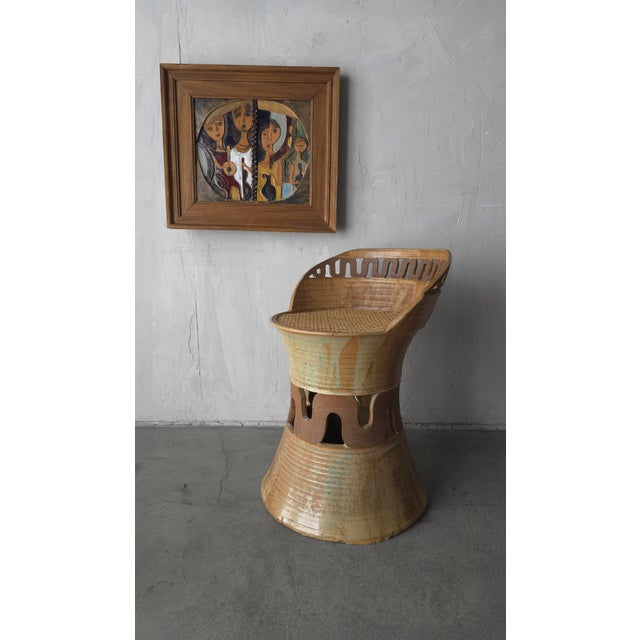 RARE, Mid Century Ceramic Garden Stool with wicker seat. This is a large scale piece of Mid Century pottery greatness. Not...