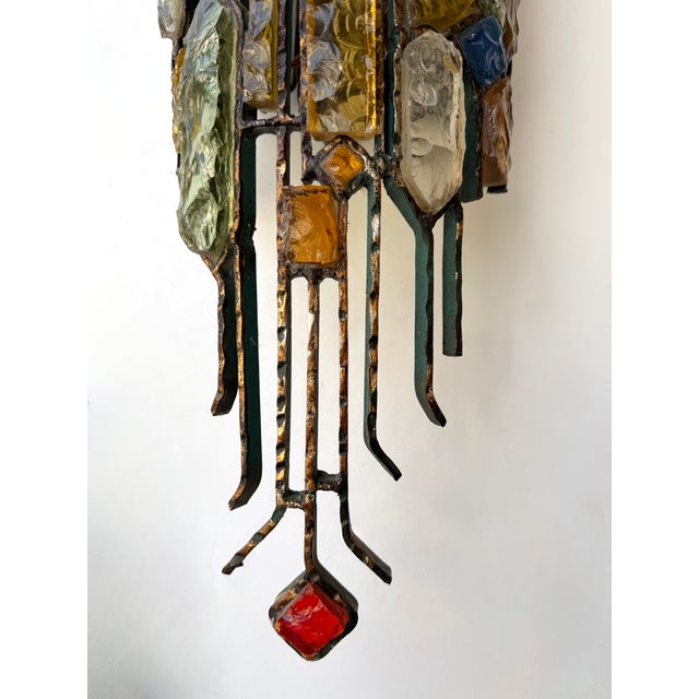 Hammered Glass Wrought Iron Sconces by Longobard, Italy, 1970s, Set of 3 For Sale - Image 12 of 14