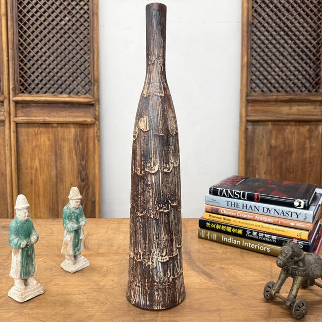 Slim Bottle Shaped Textured Brown & White Ceramic Vase For Sale - Image 4 of 10