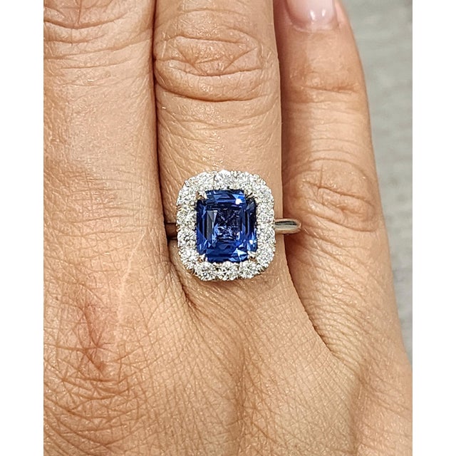 Modern 3.74 Ct Cushion-Cut Natural Ceylon No Heat Sapphire & Diamond Ring Size 6.5 For Sale - Image 3 of 8