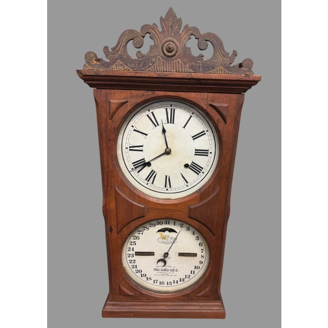 Brown Antique Victorian Walnut Ithaca Double Dial Calendar Clock For Sale - Image 8 of 12