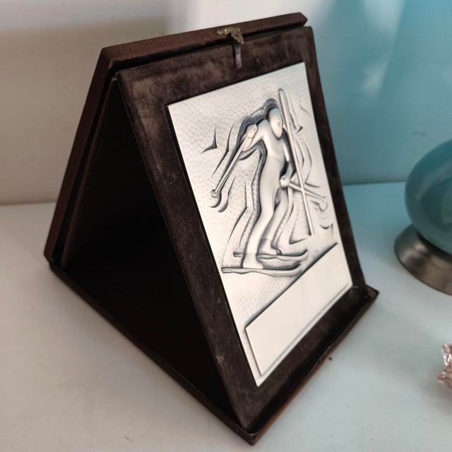 1970s Vintage 925 Sterling Silver Sheet Slalom Skiing Trophy Plaque by Ottaviani, Italy, 1970s For Sale - Image 5 of 10