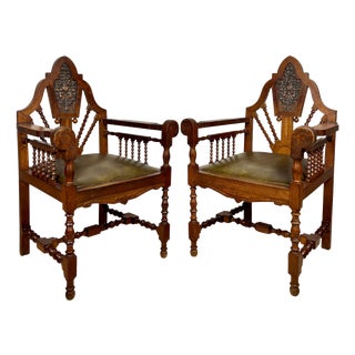 Spanish Revival Armchairs with Carved Crest, 1920s, Set of 2 For Sale