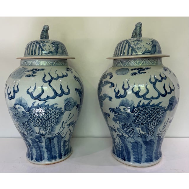 English Pair Monumental Blue & White Chinese Porcelain Covered Dragon Temple Jars With Foo Dog Finials, 23” H For Sale - Image 3 of 12