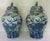 English Pair Monumental Blue & White Chinese Porcelain Covered Dragon Temple Jars With Foo Dog Finials, 23” H For Sale - Image 3 of 12