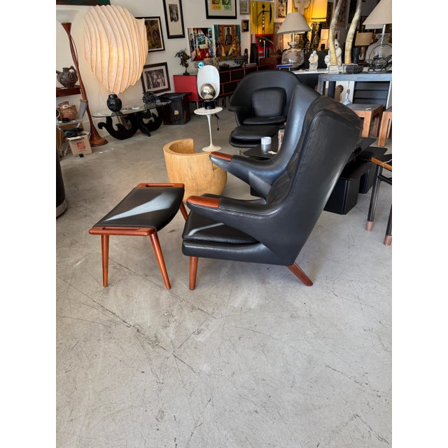 Mid 20th Century Hans Wegner A.P. Stolen Papa Bear Chair AP-19 & Ottoman Redone in Black Leather For Sale - Image 13 of 18