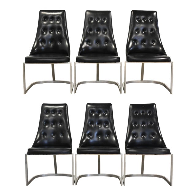 1970s Black Vinyl and Aluminum Dining Chairs - Set of 6 For Sale