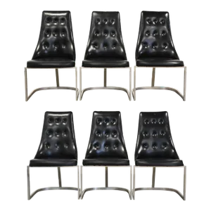 1970s Black Vinyl and Aluminum Dining Chairs - Set of 6