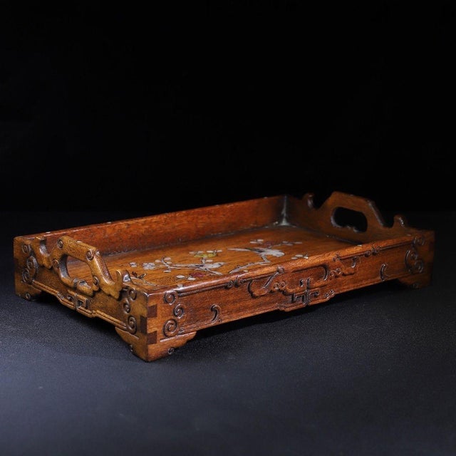 Late 20th Century Zen-Style Huali Wood Handcrafted Tray With Mother-of-Pearl Inlay, Floral & Bird Motif Chinese Decorative Serving Tray For Sale - Image 6 of 10