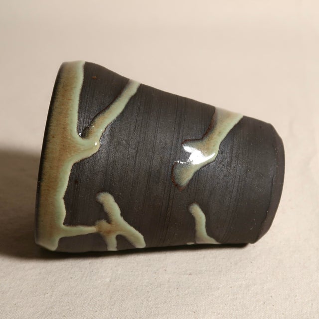 Signed Handmade Studio Pottery Cup With Abstract Green Drip Glaze on Dark Clay For Sale - Image 11 of 12