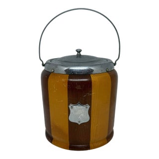 Mid‑20th Century English Striped Oak Biscuit Barrel — Cream Glaze Interior, Silver‑Plate Accents For Sale