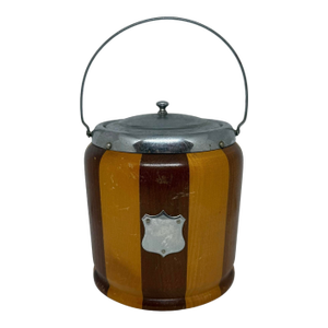 Mid‑20th Century English Striped Oak Biscuit Barrel — Cream Glaze Interior, Silver‑Plate Accents