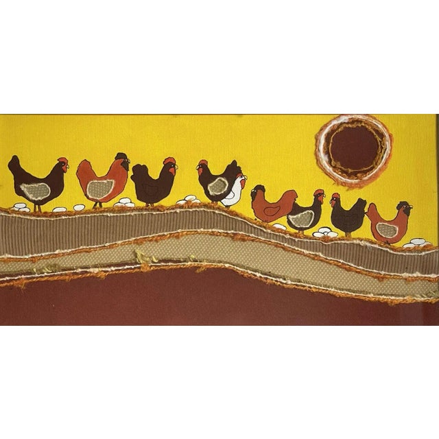 Charming assemblage of Chickens, Hens & Eggs. This is a Unique work made up of painted board, Yarn and a Patchwork of...