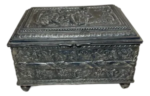 Antique 19th Century Footed Ornate Silverplate Wood Swiss Cylindrical Music Box
