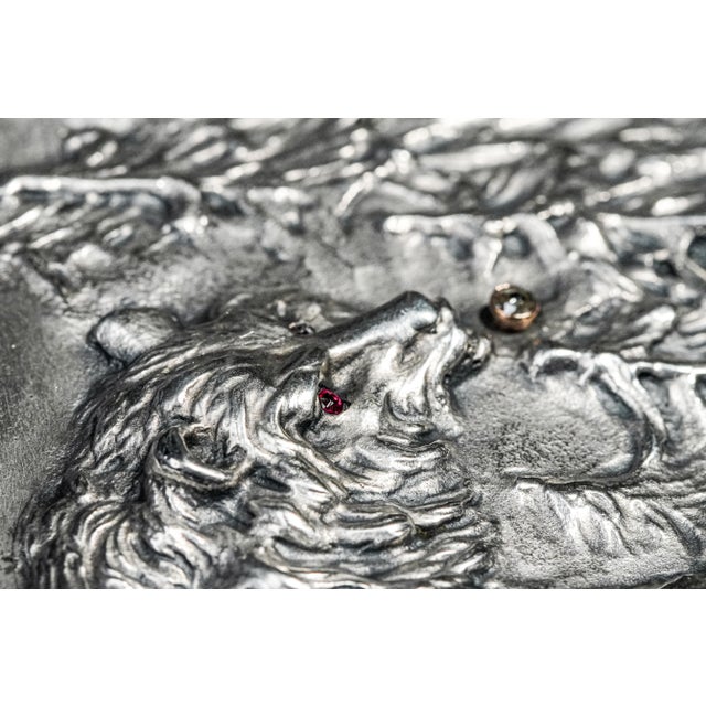 Metal Exceptional Art Nouveau Antique Cigarette Case 875 Sterling Silver Bear Design Ruby Eyes Diamond Accent For Sale - Image 7 of 18