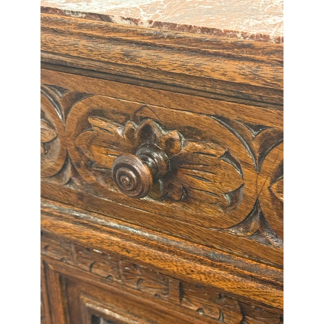 Late 19th Century Antique French Breton Carved Oak Marble Too Nightstand For Sale - Image 5 of 12