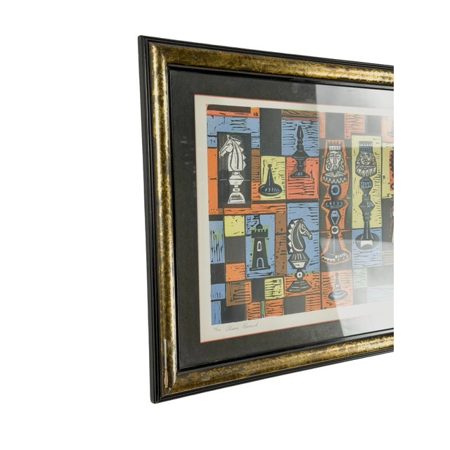 Gold Irving Amen “Chess Board” Mid-Century Modern Signed Color Woodcut For Sale - Image 8 of 12