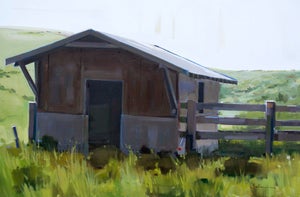 Cemented By The Coast by Samantha Buller | Oil on 3/4" stretched canvas of a rustic barn by a fence
