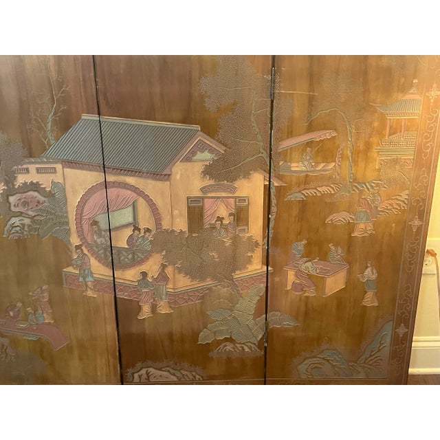 Early 20th Century Four Panel Wood Chinese Asian Coromandel Screen or Wall Art With Etched Landscape Scene For Sale - Image 4 of 11