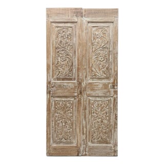 Antique Hand-Carved Floral Barn Doors With Iron Studs – Rustic Hinged or Sliding Double Doors 80x39 For Sale