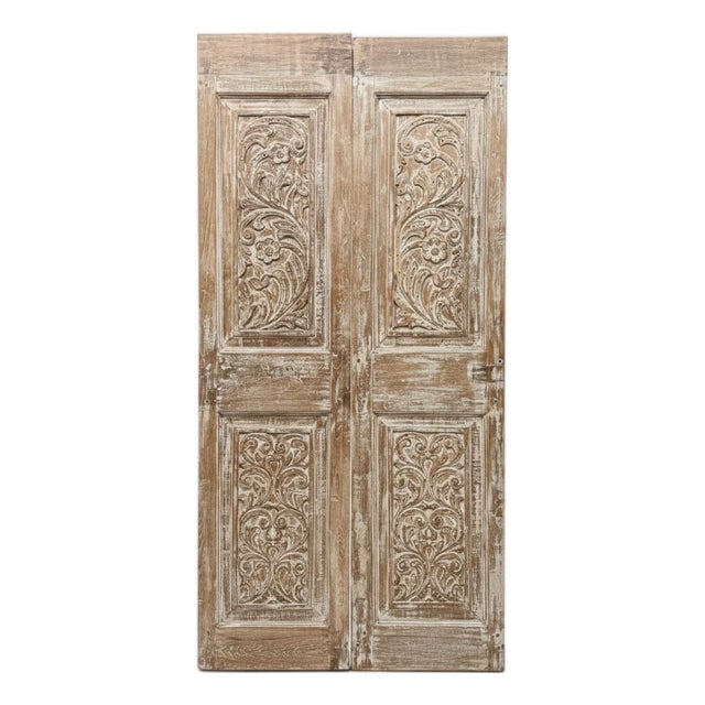 Antique Hand-Carved Floral Barn Doors With Iron Studs – Rustic Hinged or Sliding Double Doors 80x39 For Sale