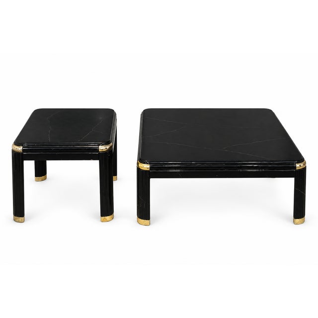 Postmodern Vintage Postmodern Black Marble-Look Coffee and Side Tables With Brass Accents — Set of 2 For Sale - Image 3 of 12