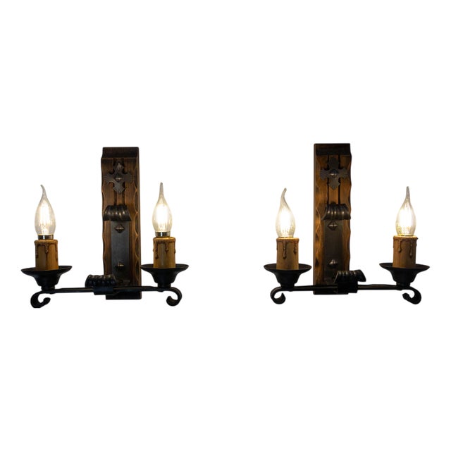 French Double Sconces in Pine and Wrought Iron, 1960, Set of 2 For Sale