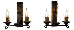 French Double Sconces in Pine and Wrought Iron, 1960, Set of 2