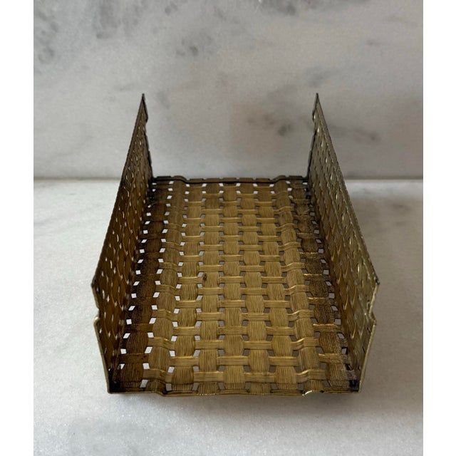 Vintage mid century Hollywood Regency gold toned brass tissue box or guest towel holder featuring a basket weave pattern...