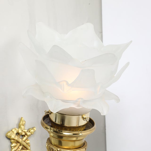 Pair of Neoclassical Antique Brass Torch Form Sconces With Frosted Glass Shades For Sale - Image 4 of 14