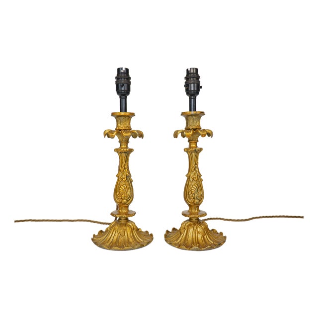Vintage French Gold Rococo Style Candlestick Table Lamps, 1960s, Set of 2 For Sale