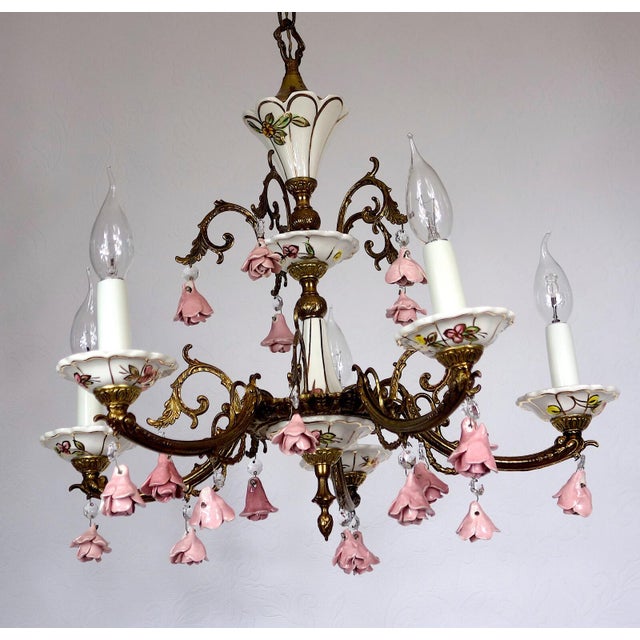 Brass and Porcelain 5-Light Chandelier by Peris Andreu, 1940s For Sale - Image 15 of 16