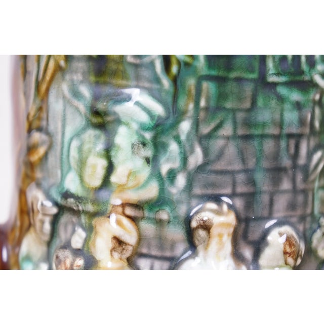 Antique Onnaing Majolica 714 Castle Courtyard Tavern Green Man Jug Pitcher 9" For Sale - Image 16 of 17