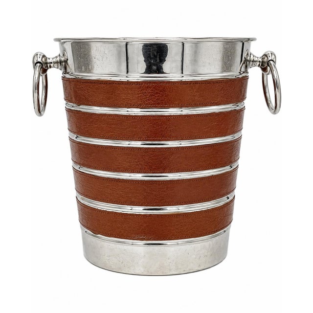 Mid-Century Modern Vintage Brown Leather & Stainless Steel Ice Bucket, Glasses, Shaker & Bowl Set- 10 Pieces For Sale - Image 3 of 10