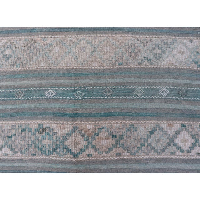 Mid 20th Century Turkish Flat-Weave Kilim in Soft Colors With Stripes and Embroideries For Sale - Image 5 of 12