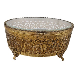 Vintage 24k Gold Plated Vanity Box With Glass Lid. For Sale