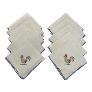 1990s Country Hand Stitched Rooster Cocktail Napkins - Set of 11 For Sale