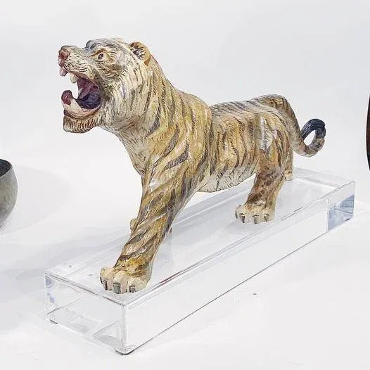 Vintage Hand Carved Painted Wood Tiger on Lucite Base For Sale - Image 4 of 4