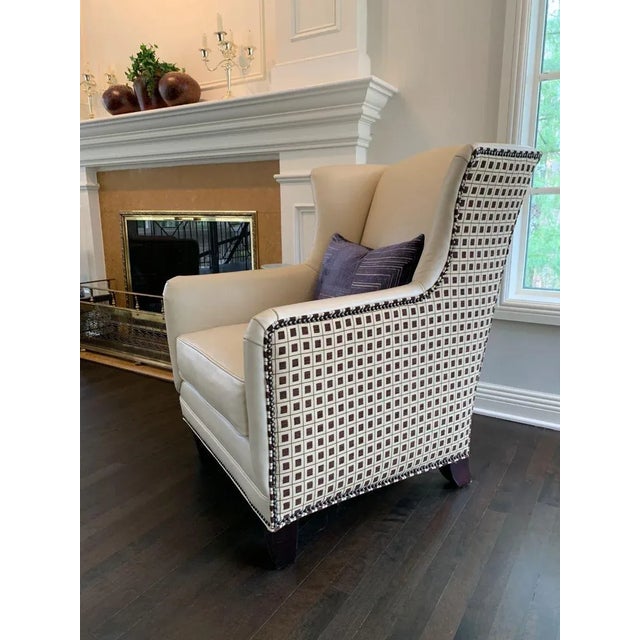 Pair Vintage Henredon Wingback Chairs – Ivory Leather, Geometric Pattern, Nailhead Trim For Sale - Image 18 of 18