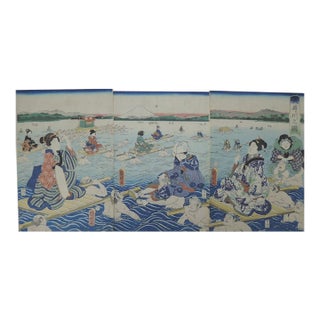 Mid 19th Century Rare Meiji Triptych: Crossing the Oi River by Utagawa Kuniaki II (Full 3-Panel Set) For Sale