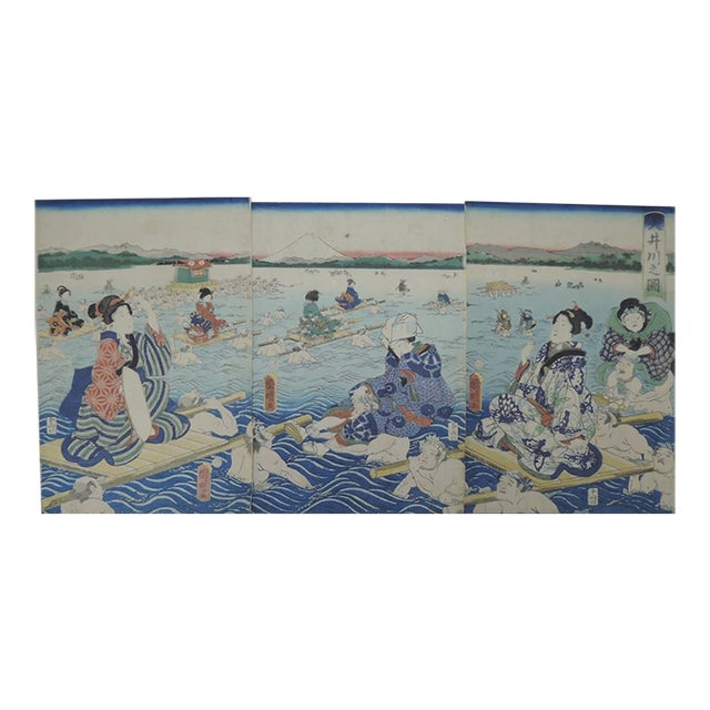 Mid 19th Century Rare Meiji Triptych: Crossing the Oi River by Utagawa Kuniaki II (Full 3-Panel Set) For Sale