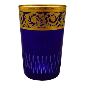 Mid 20th Century Saint St Louis Crystal France Thistle Blue & Gold Encrusted Tea Tumbler Glass