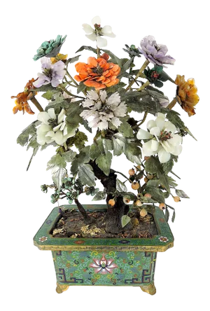 Antique Chinese Jade Tree With Semi Precious Gemstone Flowers in Gilt & Cloisonné Ming Style Planter, Signed