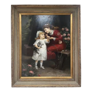 Early 20th Century Oil Painting Portrait of a Young Mother and Daughter, Framed