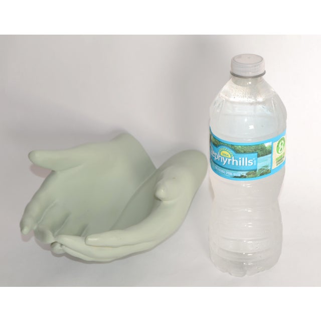 Vintage Ceramic Open Hands Sculpture Mounted Wall Art Mint Green Finish Pop Art For Sale - Image 9 of 15