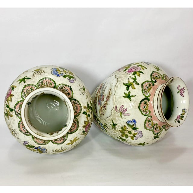 Vintage Pair Chinese Vases Birds, Flowers, Pomegranates Style of “Great Qing Tungzhi” Period Made in Macau 1970’s For Sale In Atlanta - Image 6 of 10