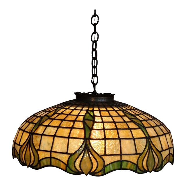 1910s Duffner & Kimberly Attr Arts & Crafts Leaded Stained Glass Hanging Light For Sale